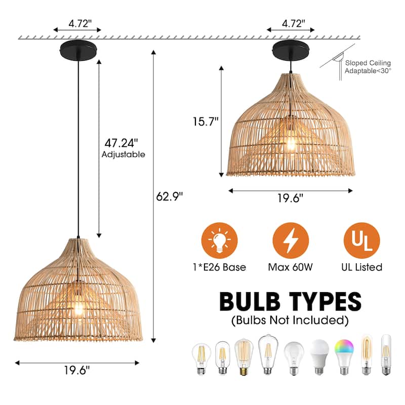 1-Light Boho Brown Rattan Hand-Woven Cloche Hanging Basket Pendant Light - 19.6" W x 62.9" H
