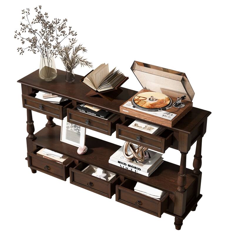 Vintage 54" Solid Wood Console Table with 6 Drawers and Shelf - Espresso