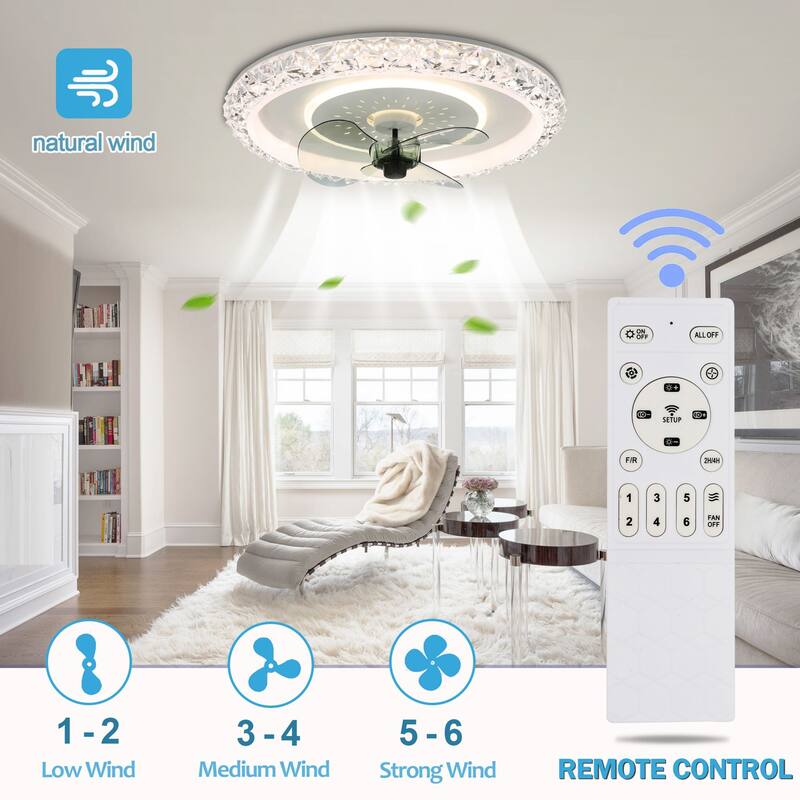 20" Oaks Aura Glam Crystal Low Profile Ceiling Fan with Light, 6- Speed Flush Mount Ceiling Fan With Remote - White
