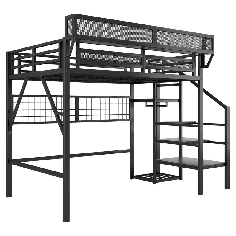 Black High Loft Bed with Wardrobe and Grid Storage for Kids Teens Adults Metal Loft Bed Frame with Light and Stairs