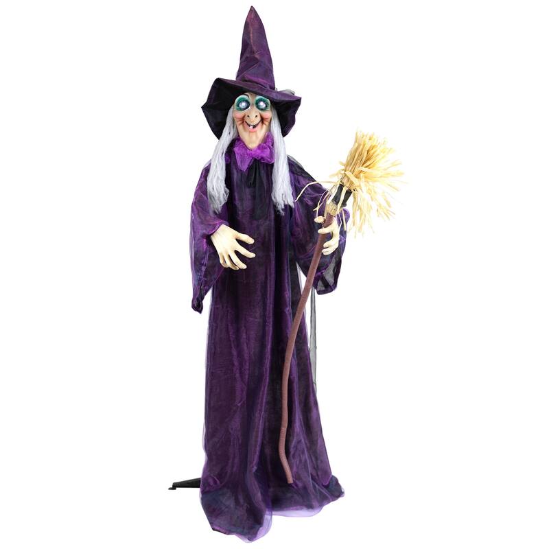 66" Animated Standing Witch and Broomstick Halloween Figure Decoration