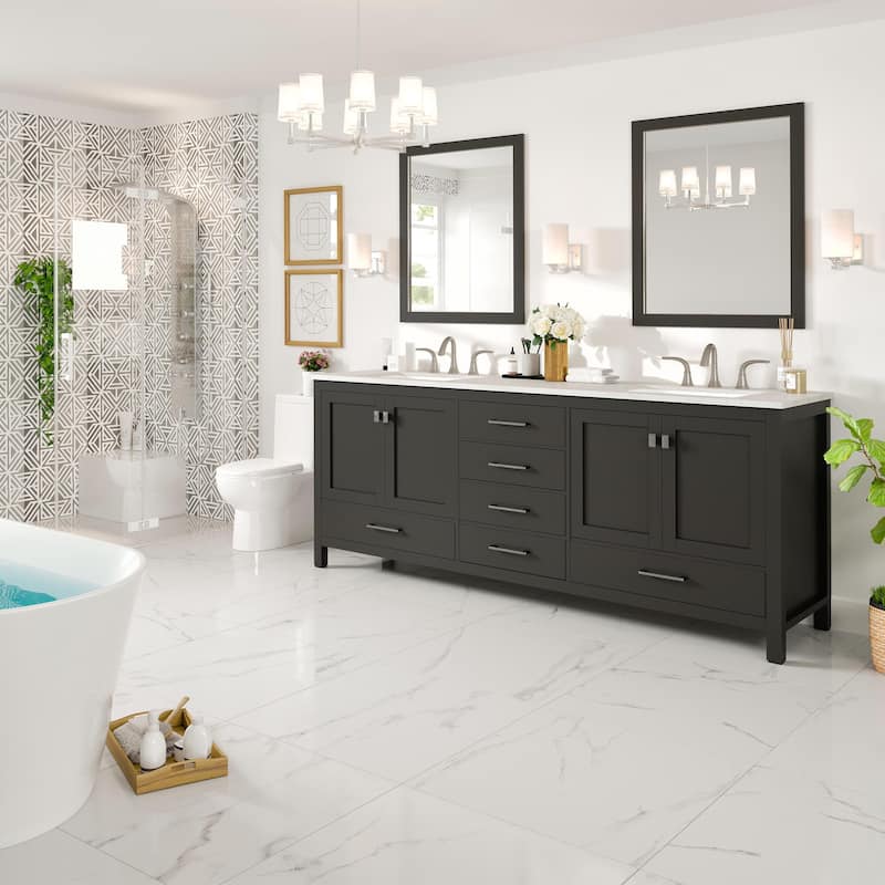 Eviva Aberdeen 84"W x 22"D Espresso Double Sink Vanity with White Carrara Quartz Top and Rectangular Undermount Sinks