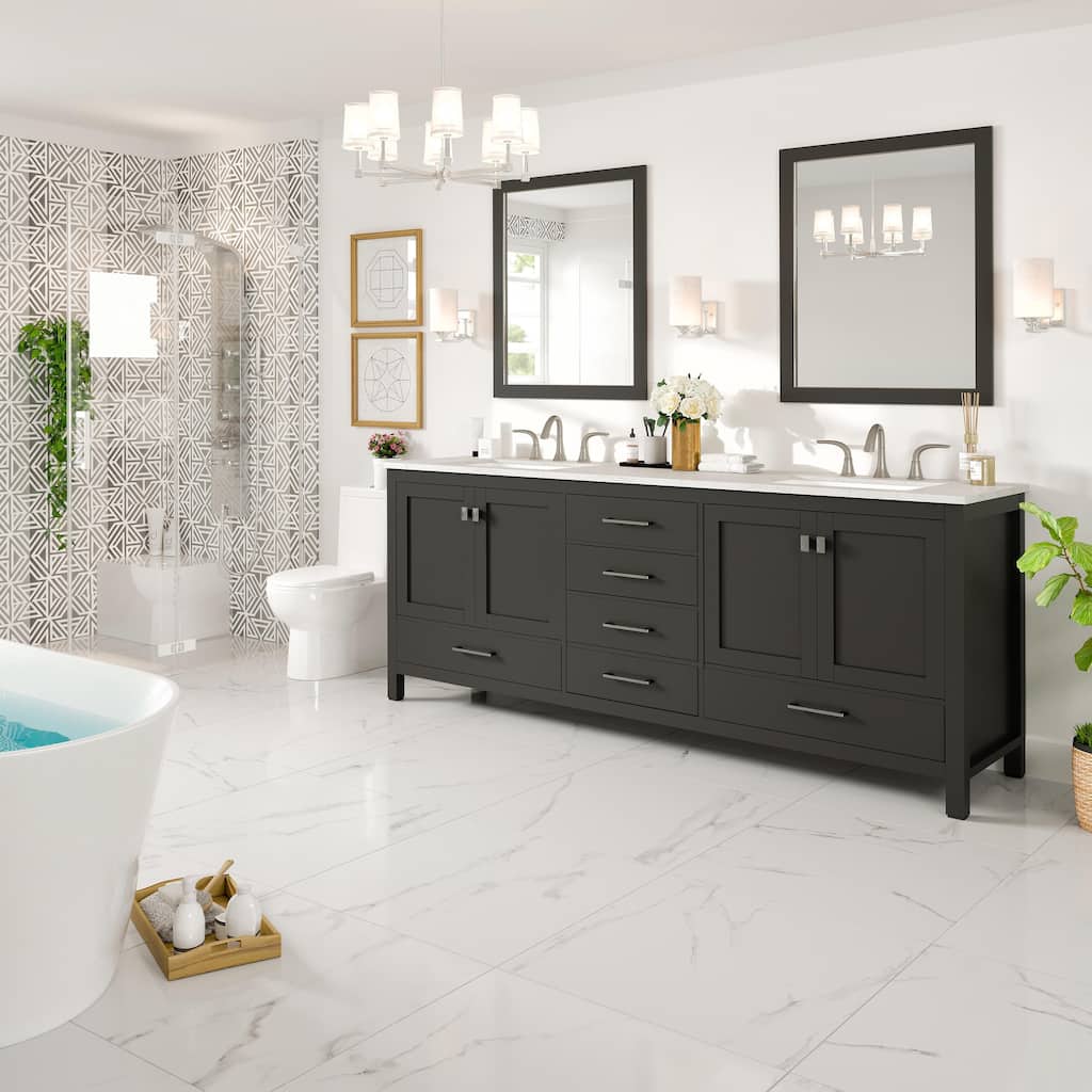 Eviva Aberdeen 84"W x 22"D Espresso Double Sink Vanity with White Carrara Quartz Top and Rectangular Undermount Sinks