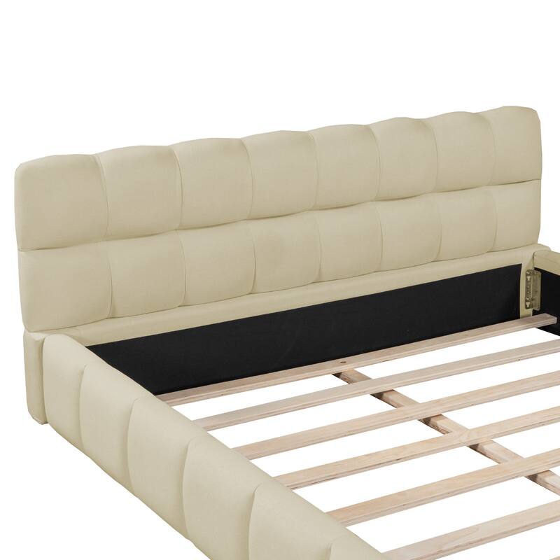 Queen Upholstered Linen Bed Frame with Low Profile Design, Padded Headboard and Footboard, Solid Wood Slats