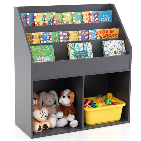 slide 2 of 10, Gymax Honeyjoy Kids Wooden Bookshelf Bookcase Children Toy Storage Grey