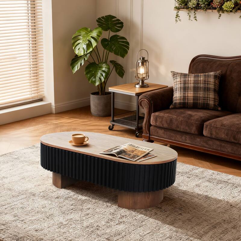 43.7" Elliptical Living Room Coffee Table With Hidden Storage And Removable Tabletop, Solid Wood Veneer Modern Coffee Table