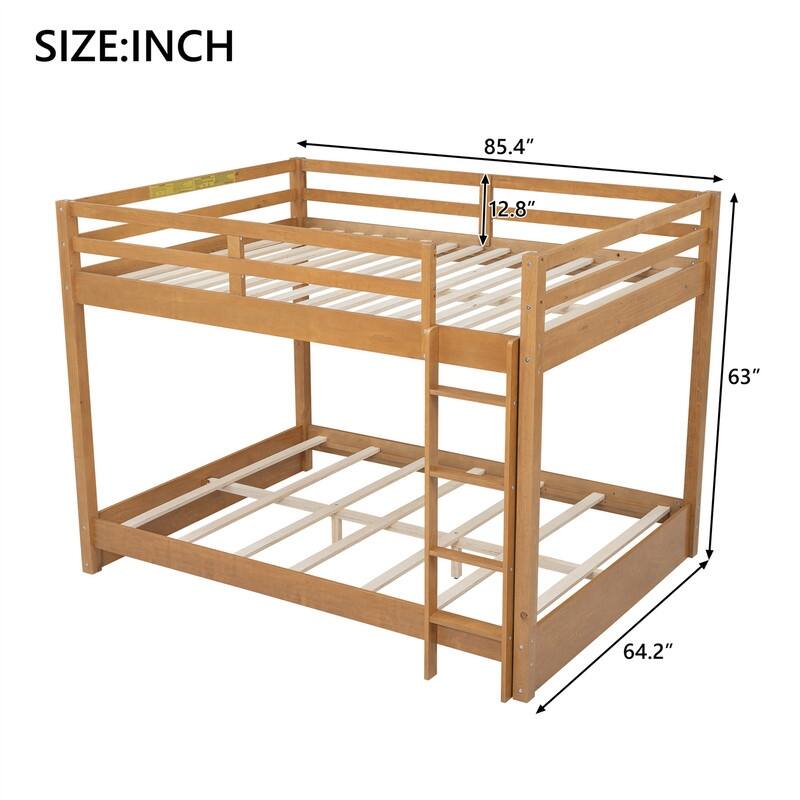 Queen Over Queen Size Bunk Bed with Ladder and Guardrail, Solid Wood Bunk Bedframe with Slats Support for Kids Bedroom