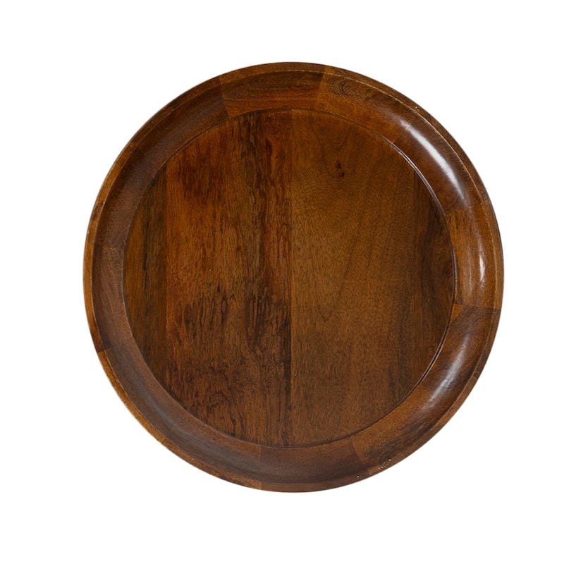 Solid Mango Wood Round Accent Side Table - Rimmed Bowl Top, Tapered Base, Dark Finish, Fully Assembled