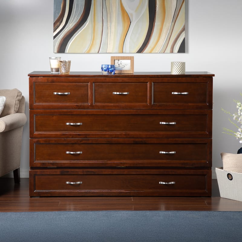 Deerfield Queen Murphy Bed Chest with 6" Mattress, Storage Drawer & Built-In Charger in Walnut