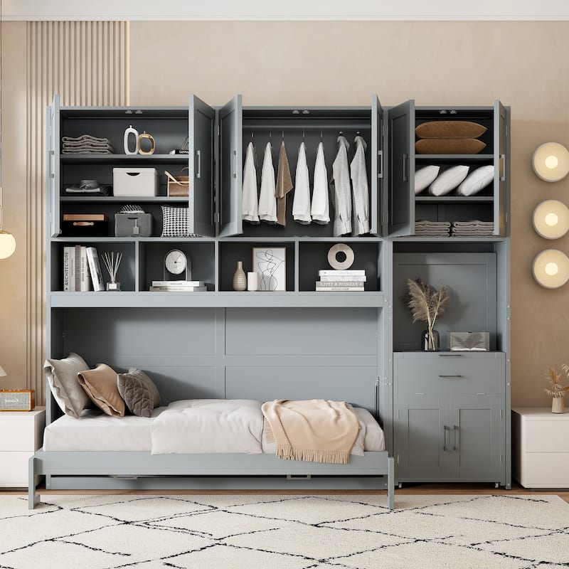 Space-Saving Twin Murphy Bed with Integrated Closet, Drawers & Desk in Gray