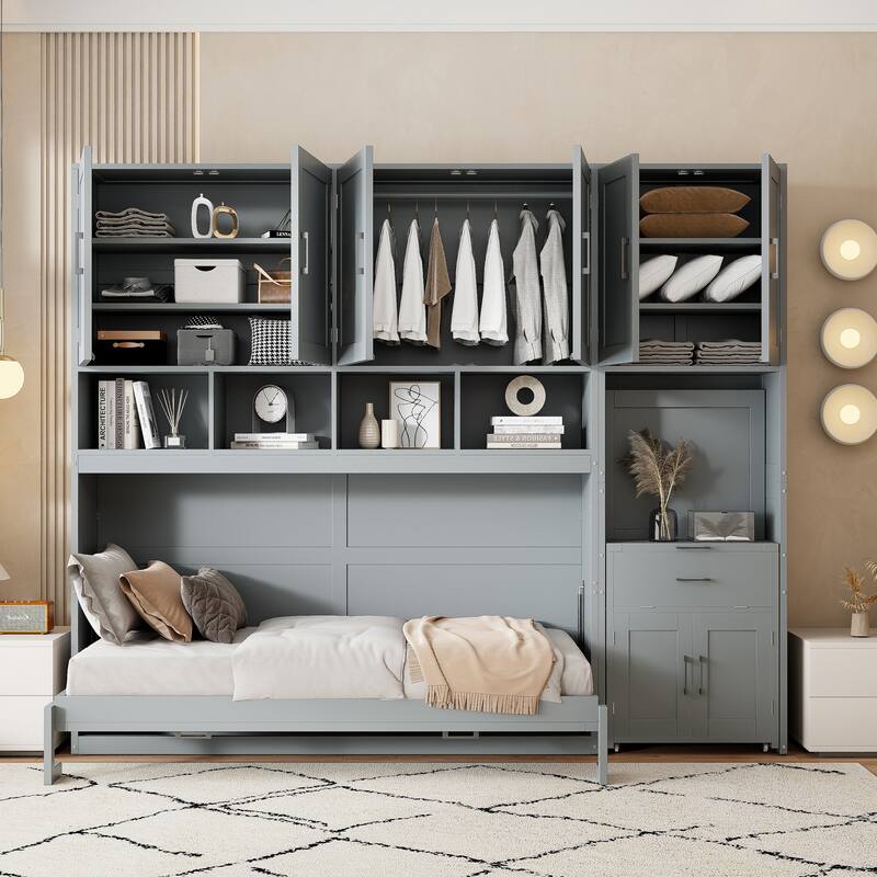 Twin Size Wall-Mounted Murphy Bed with Built-In Closet, Storage Drawers, and Desk - Multifunctional Design