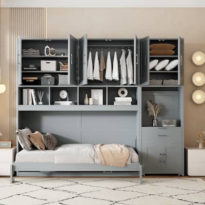 Twin Size Wood Murphy Bed with Desk, Foldable Wall Bed with Closet and Open Shelves, Hidden Cabinet Bed Frame with Drawers