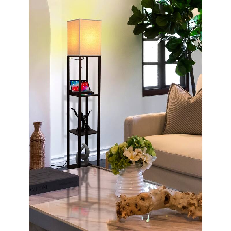 Brightech Maxwell 63 in. Havana Brown Traditional USB Charging LED 3-Shelf Floor Lamp with Beige Fabric Square Shade