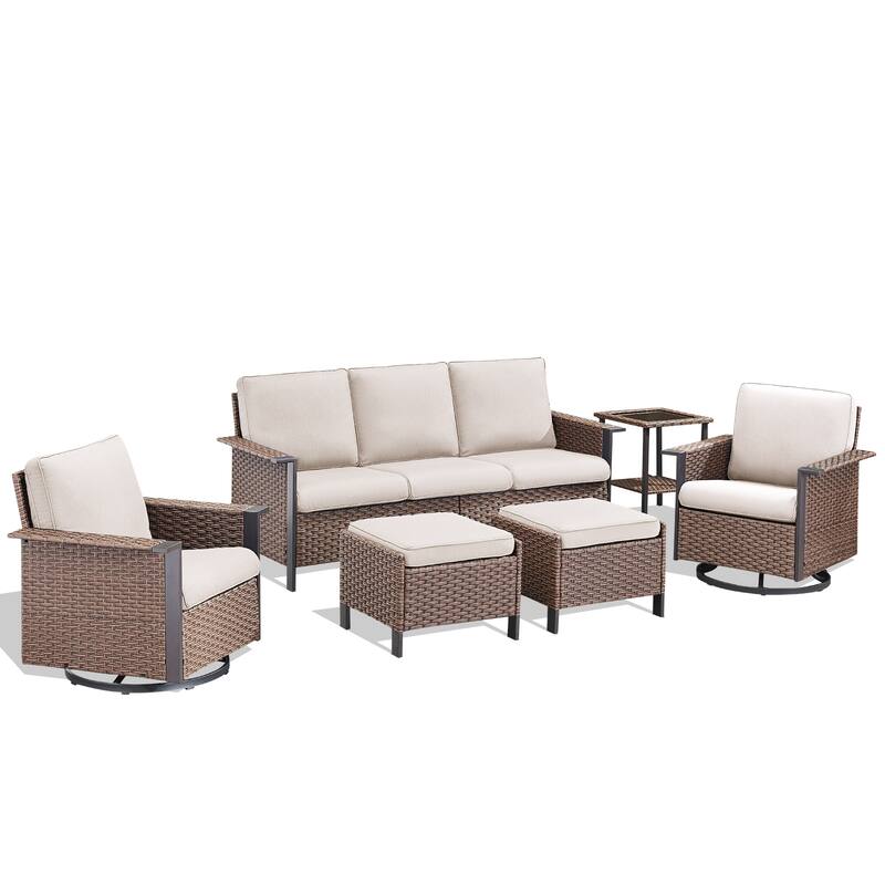Pocassy Outdoor Wicker 5-Piece Sofa Swivel Chair Table with Ottoman