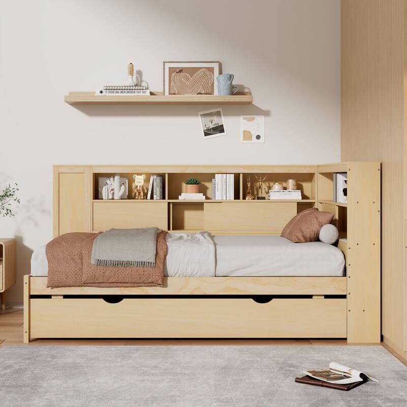 Twin Size Wood Daybed with Storage Shelves, Built-In USB Charging Station, and Trundle for Extra Sleeping Space