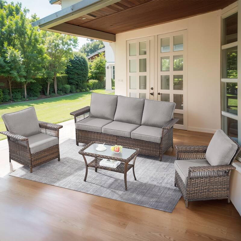 Outside Wicker Chair Conversation Set - Brwon Wicker Grey Cushion - 4PCS Sofa Chairs with Table