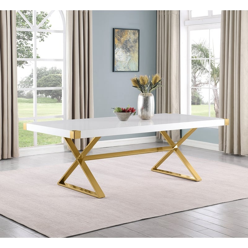 Best Quality Furniture D440-3 Dining Table with Smooth White Lacquer Wood Top Dining Table - 94 Inches - White / Gold