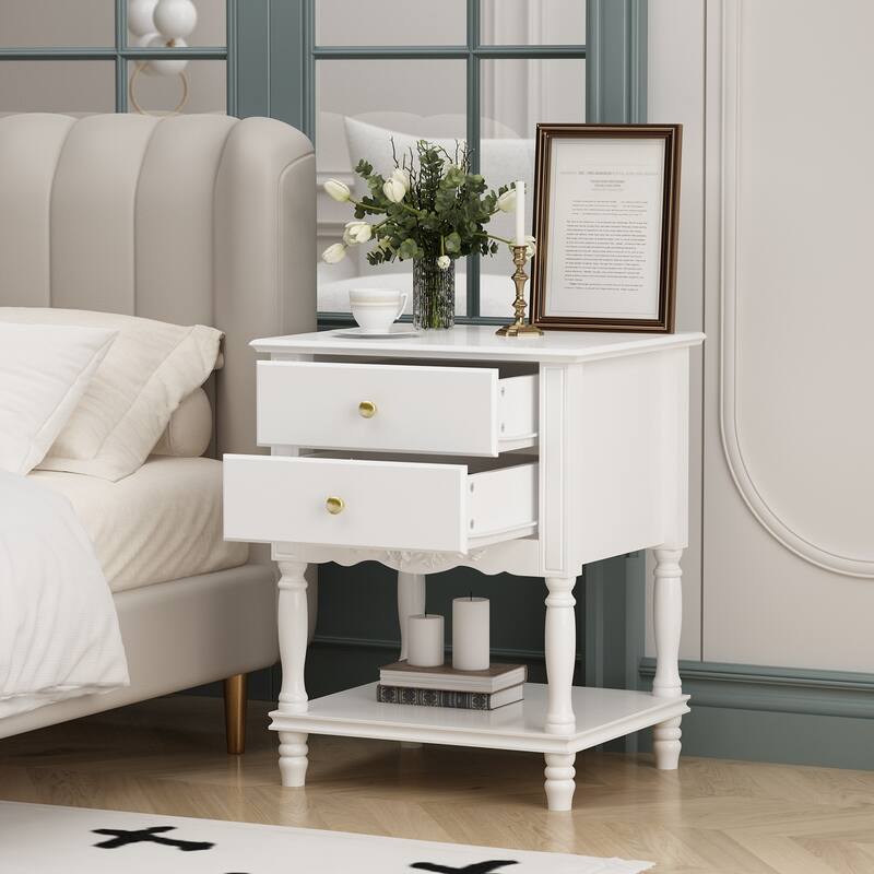Nightstand Side Tables Drawers and Open Storage Shelf White Lacquer