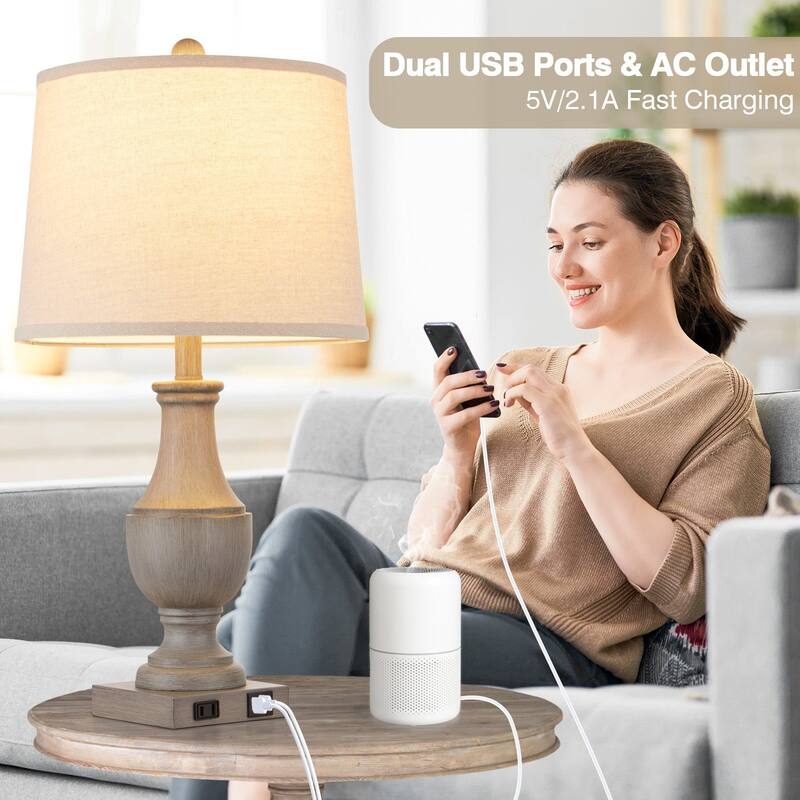 Grey Resin Table Lamps with 3-way Touch Dimming Switch USB & Type-C Charging Ports & AC Outlet (Set of 2)