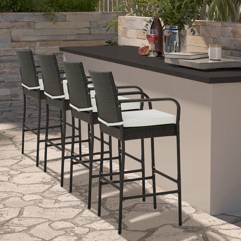 Gymax 4PCS Patio PE Wicker Bar Chairs Counter Height Barstools With