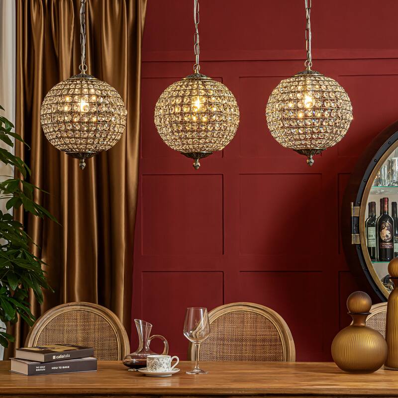 DancyHome 1/3-Light Retro Antique Bronze Crystal Globe Chandelier Small Sphere Pendant Light