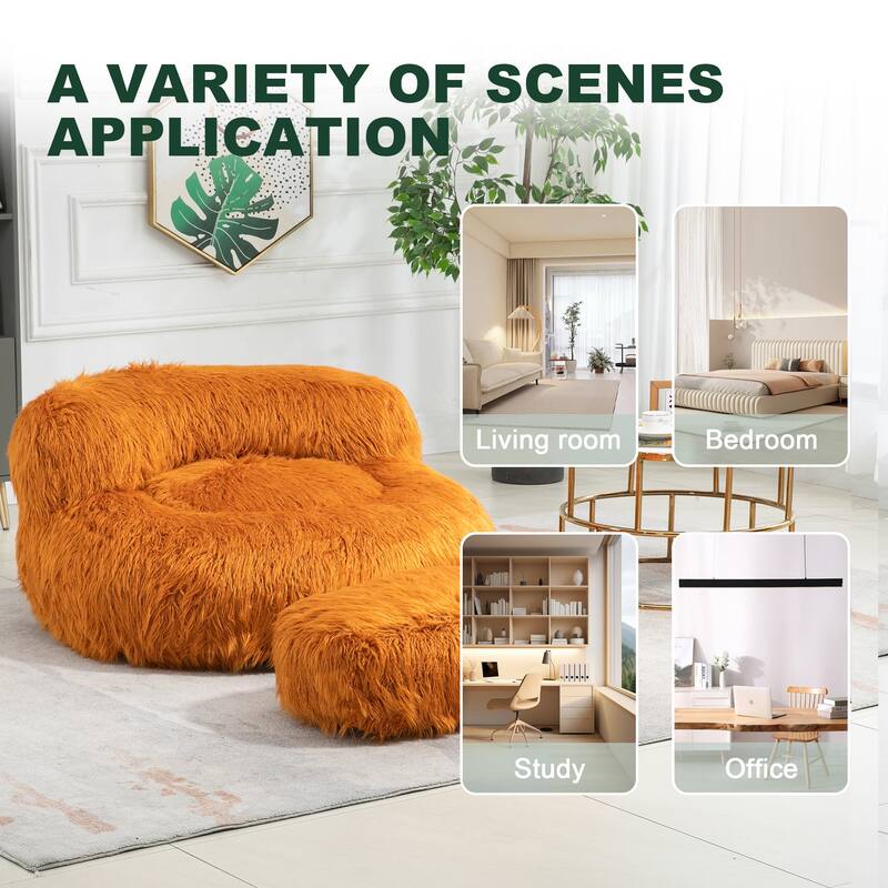 Plush Upholstered Round Comfort Lounger Bean Bag Chair with Ottoman