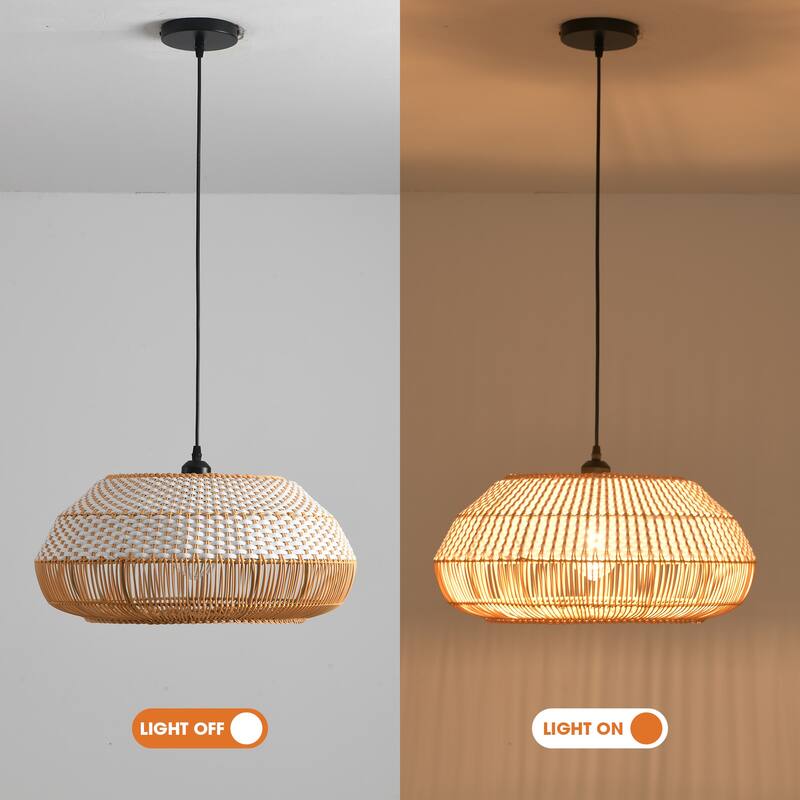 18.9" Boho White Hand Woven Rattan Caged Pendant Light for Kitchen Island, Dining Room and Living Room