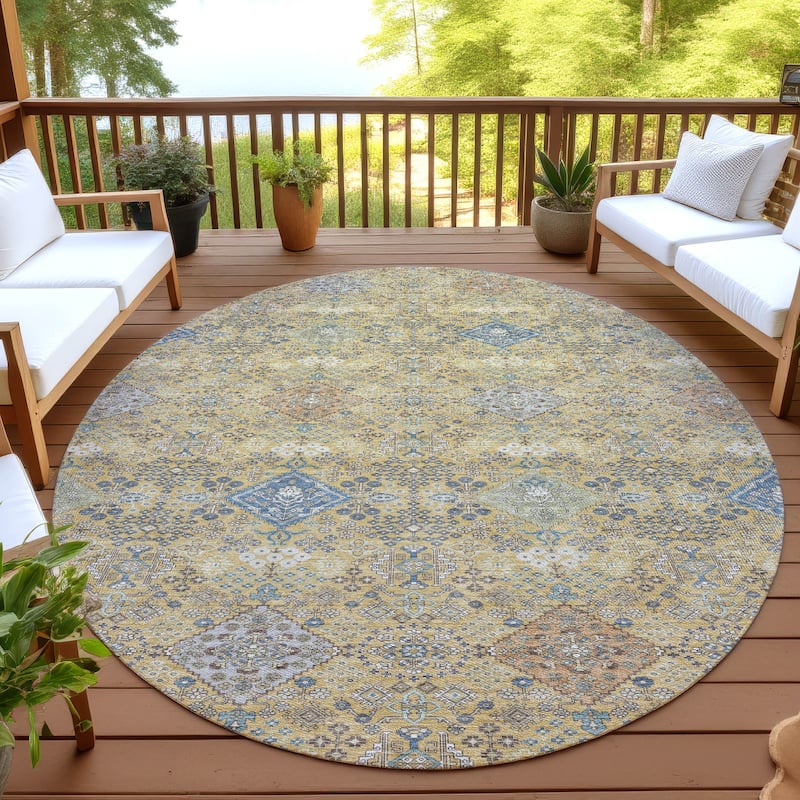 Machine Washable Indoor/ Outdoor Boho Panel Chantille Rug - Gold - 8' x 8'