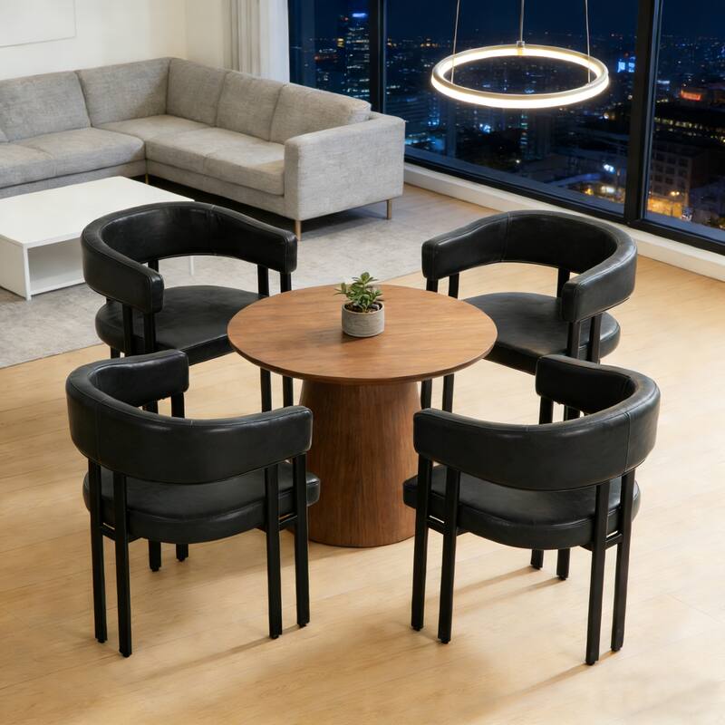 Modern Dining Chairs Set of 2, Faux Leather Upholstered Barrel Chairs with Integrated Curved Back And Armrests, Metal Frame