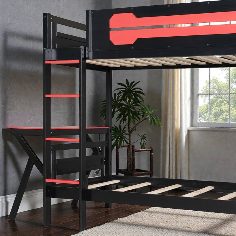 Twin/Full Gaming Bunk Bed with Dual Desks, USB Charging Ports and Pegboard Organizer, Gamer Bunk Frame