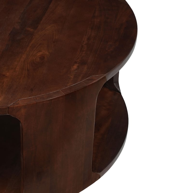 Bard Coffee Table, 38 Inch Round Top with Shelf, Walnut Brown Mango Wood Sculptural Frame