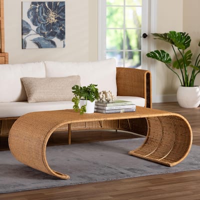 Palm Waterfall Natural Rattan Coffee Table - Handwoven Wicker Centerpiece with Curved Silhouette, Boho Coastal Style
