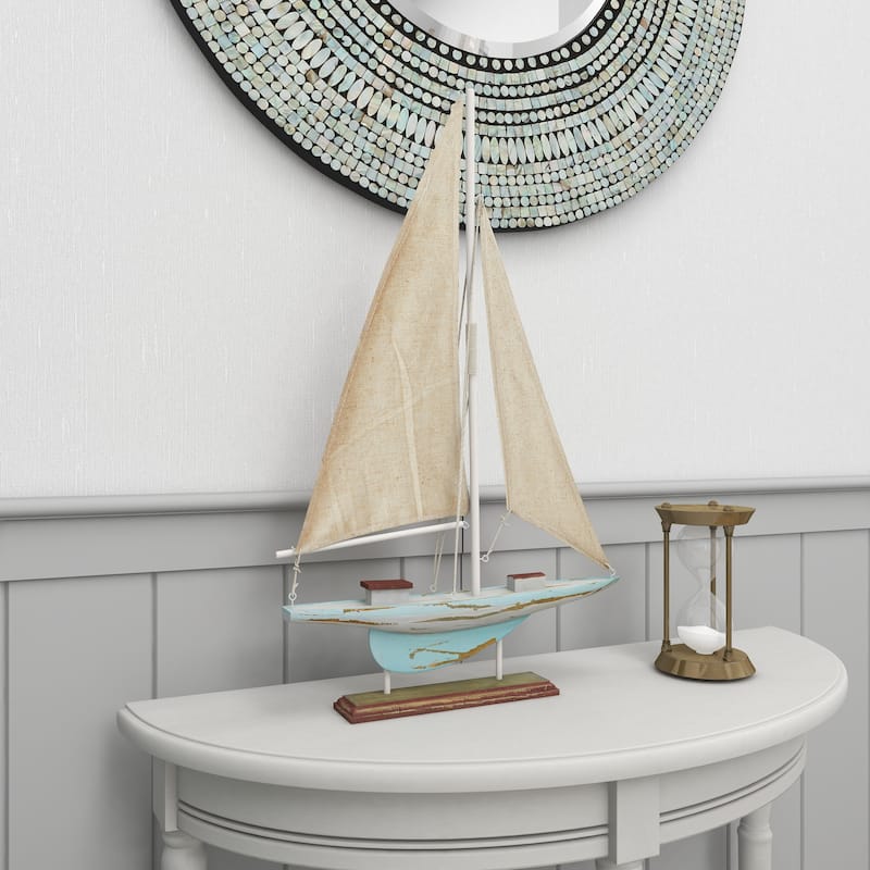 Blue Wood Distressed Sail Boat Decorative Sculpture with Cream Linen Sails and Brown Accents