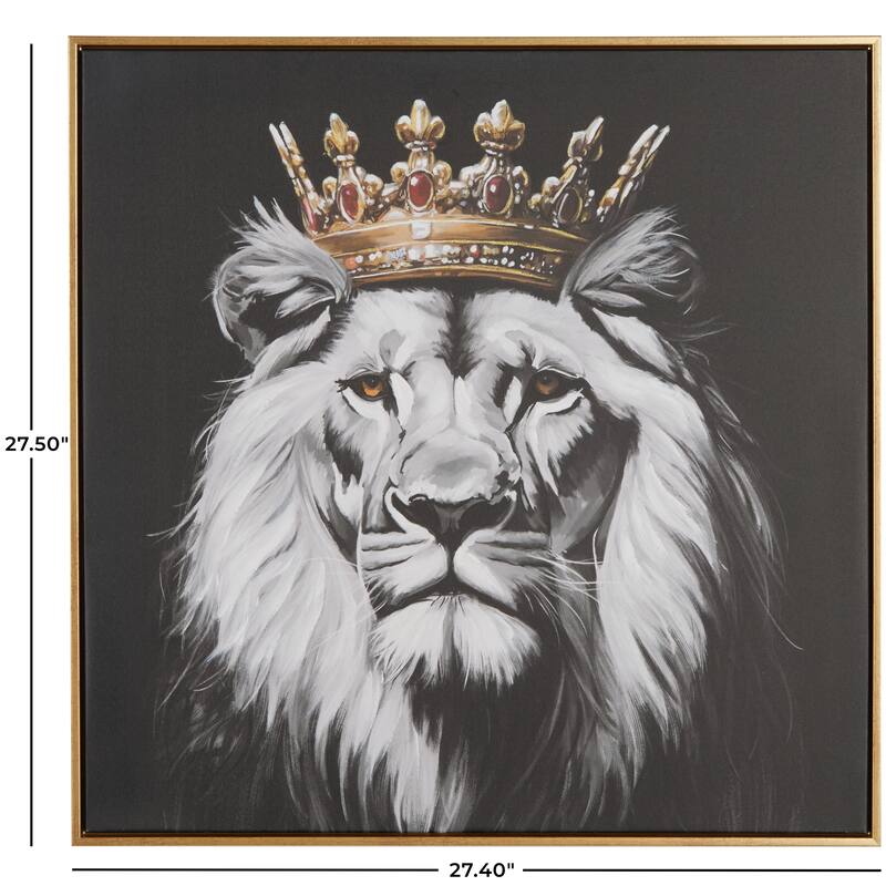 Polystone Lion Shaded Framed Wall Art with Gold Jeweled Crown - Black - Roche River Decor