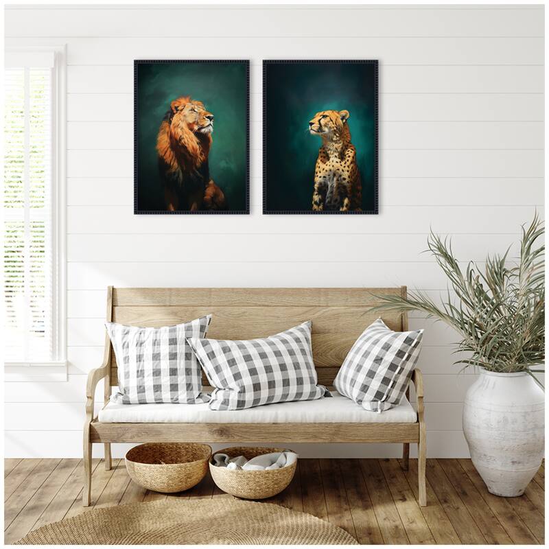 Kate and Laurel Twlight Lion and Cheetah 2 Piece Framed Canvas Wall Art Set by The Creative Bunch Studio