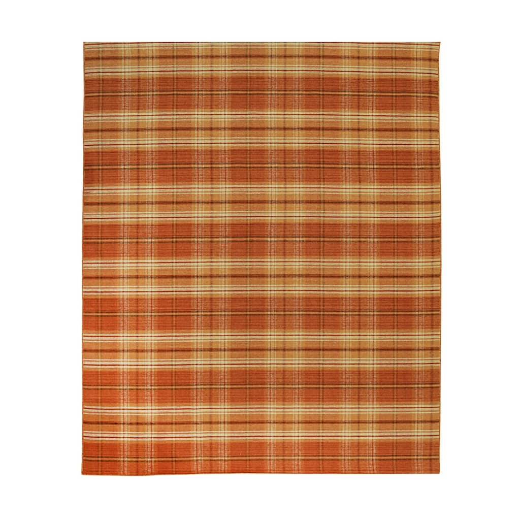 Orange Hand Knotted Wool Traditional Plaid Rug, 8' x 10', plush cozy accent rug - L