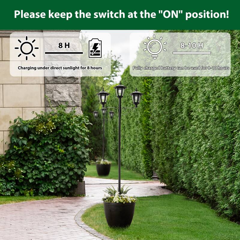 Glitzhome 6FT Solar 3-Head Lamp Street Light with Planter Pot - Black