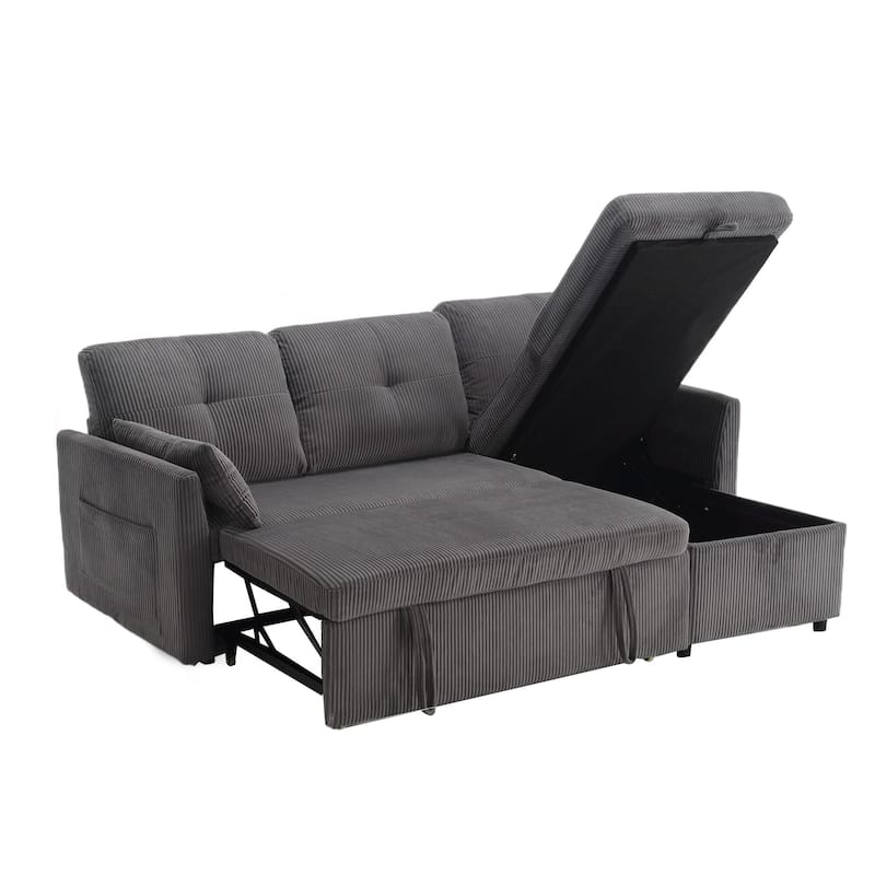 Corduroy/Chenille Upholstered L-Shaped Storage Reversible Chaise Sectional Sofa with Side Pocket