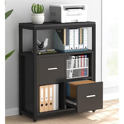 Modern 2 Drawers Lateral File Cabinet with Open Storage Shelves and Letter Size Drawer