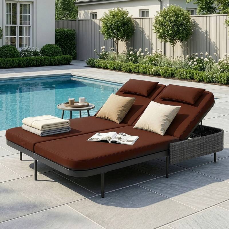 2-Person Outdoor Double Chaise Lounge, Wicker Patio Reclining Daybed with 6-Position Backrests, 4" Cushions, 800 lb Capacity