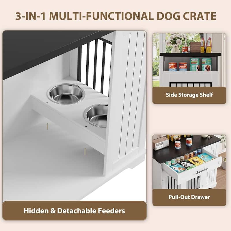 Heavy-Duty Dog Crate Furniture with Storage & Feeding Bowls