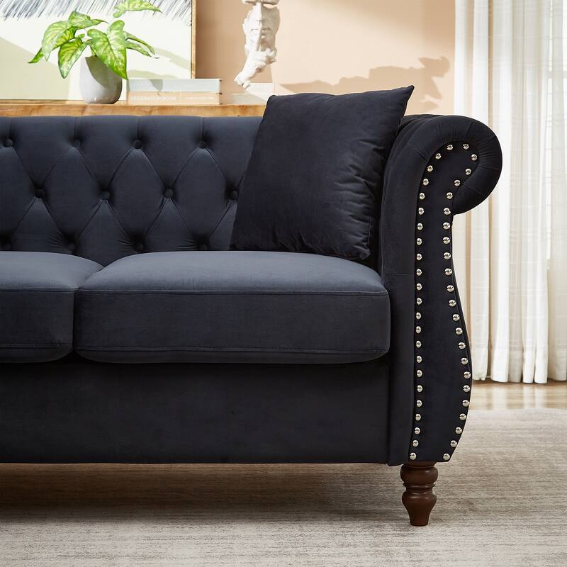 L-shape Corner Sectional Sofa with Button Tufted Back and 3 Pillows