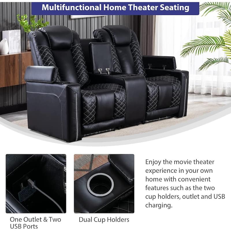 Electric Power Recliner Chairs with USB Ports and Cup Holders Faux Leather Home Theater Seating Recliner with Hidden Arm Storage