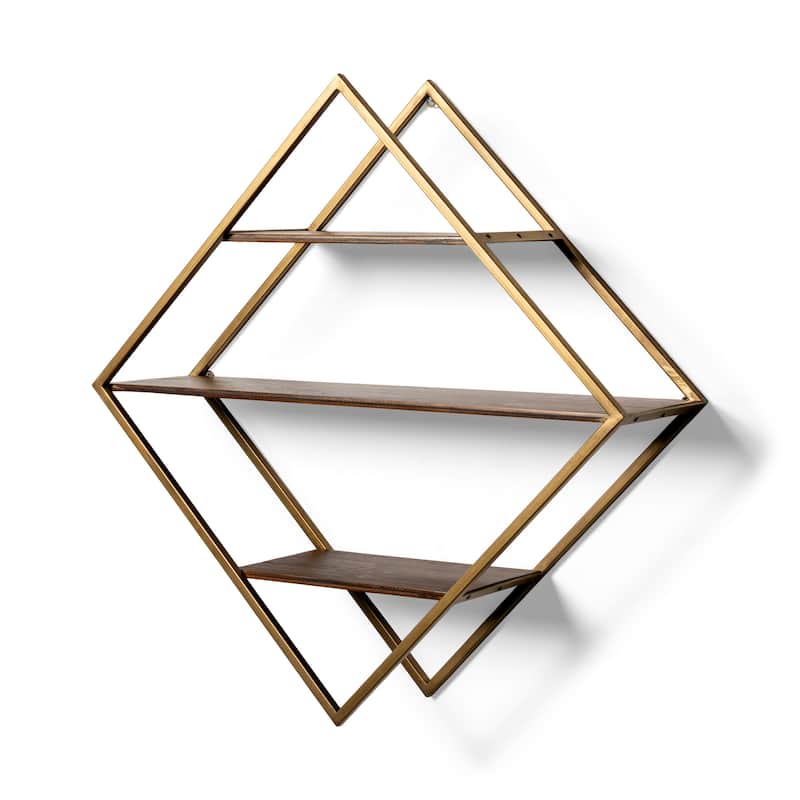 "Neil" Diamond Shaped Brass Frame w/Brown Solid Wood Shelves Wall Unit - 29.8L x 8.0W x 29.8H
