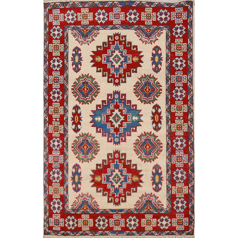 Ivory Kazak Foyer Rug Hand-Knotted Geometric Wool Carpet - 2'8"x 4'2"