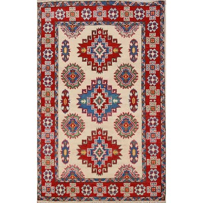 Ivory Kazak Foyer Rug Hand-Knotted Geometric Wool Carpet - 2'8"x 4'2"