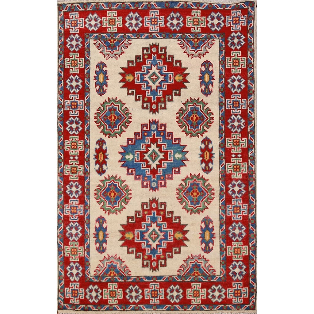 Ivory Kazak Foyer Rug Hand-Knotted Geometric Wool Carpet - 2'8"x 4'2"