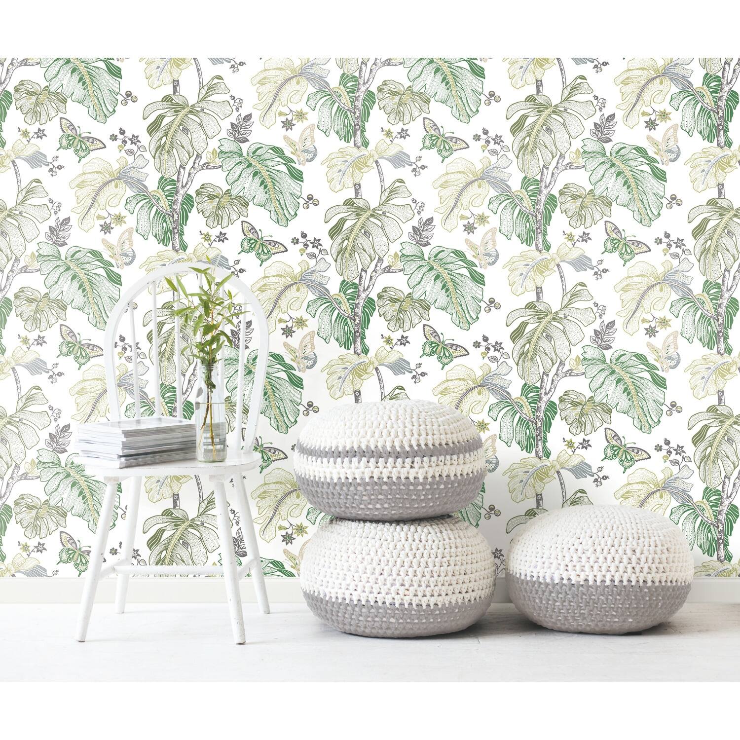 RoomMates Green & Grey Boho Palm Peel and Stick Wallpaper Bed Bath