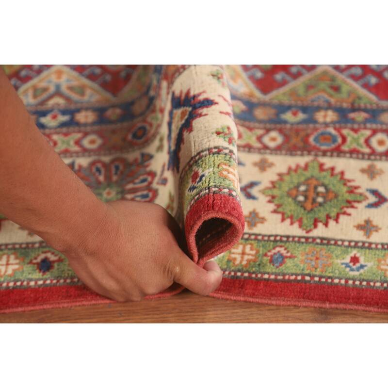 Geometric Kazak Area Rug Hand-Knotted Oriental Wool Carpet - 4'11" x 6'3"