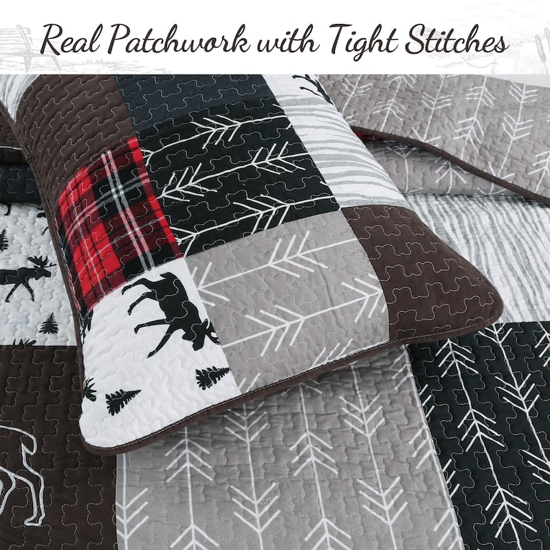 Rustic Lodge Moose Red Real Patchwork Reversible Quilt Bedding Set